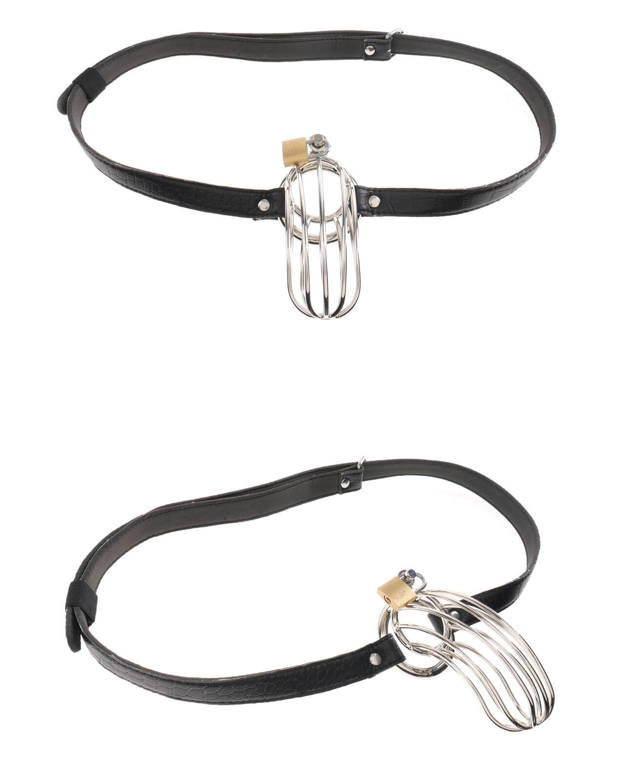 The Fetish Fantasy Extreme Chastity Cage Prisoner laying out on the ground. It showcases the waist belt that's connected to the cage as well as the adjustable, buckle-like fastener on the backside of the waist belt to help hold it in place. | Kinkly Shop