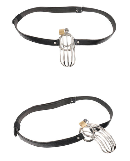 The Fetish Fantasy Extreme Chastity Cage Prisoner laying out on the ground. It showcases the waist belt that's connected to the cage as well as the adjustable, buckle-like fastener on the backside of the waist belt to help hold it in place. | Kinkly Shop