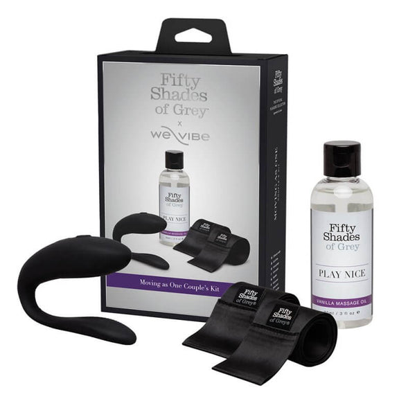All of the items included next to the packaging for the Fifty Shades of Grey Moving as One Kit | Kinkly Shop
