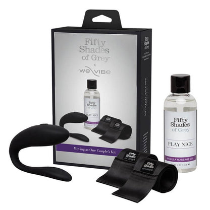 All of the items included next to the packaging for the Fifty Shades of Grey Moving as One Kit | Kinkly Shop