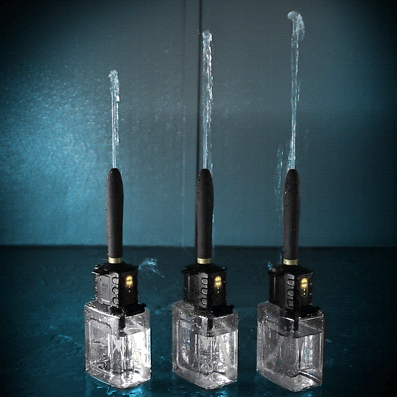 GIF shows three Fort Troff Hydro-Pro Automatic Cleaning Systems next to one another, automatically squirting out their water, on the different 3 power intensities. | Kinkly Shop