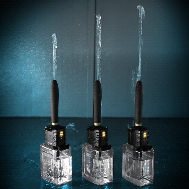 GIF shows three Fort Troff Hydro-Pro Automatic Cleaning Systems next to one another, automatically squirting out their water, on the different 3 power intensities. | Kinkly Shop