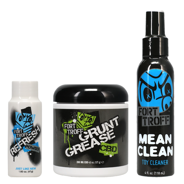 The three bottles included with the Fort Troff Fisting Trainer Kit | Kinkly Shop