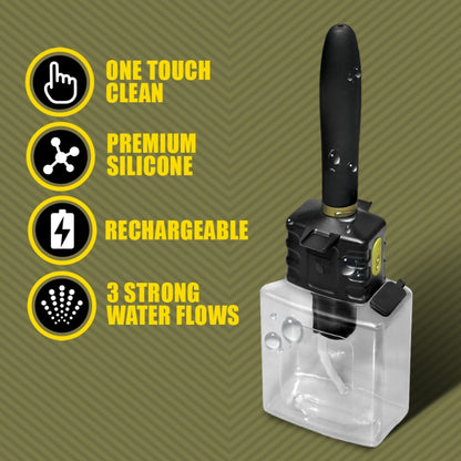 The Fort Troff Hydro-Pro Automatic Cleaning System shown next to a list of features. Text reads: "One touch clean. Premium silicone. Rechargeable. 3 strong water flows." | Kinkly Shop
