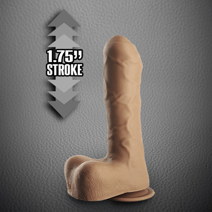 GIF showcasing the long, 1.75" stroke length of each one of the thrusts of the Fort Troff Thruster Uncut dildo | Kinkly Shop