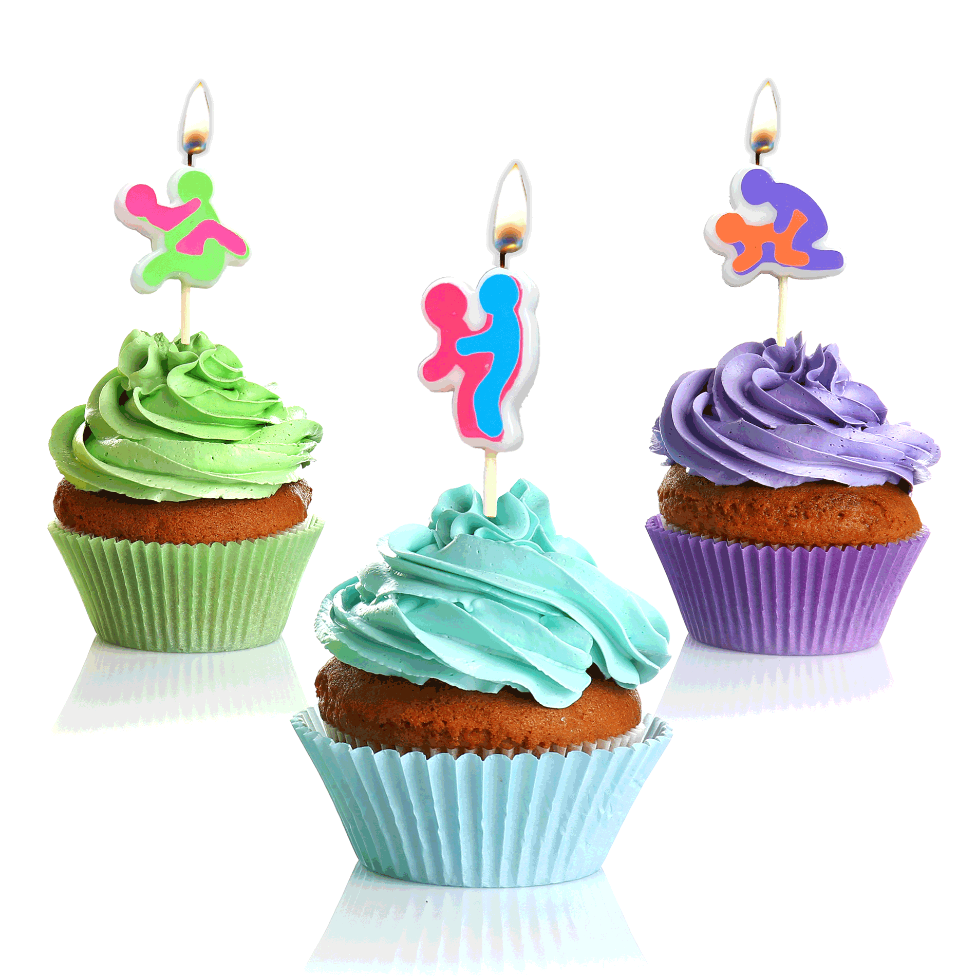 Three different F*ckers Sex Position Candles stuck into three color-matching cupcakes' frosting. They stand out and look very playful on top of the cupcakes. | Kinkly Shop