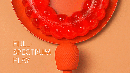 GIF of the Fun Factory VIM shows the vibrator impressively shaking a plate of Jello. The text on the GIF reads "Warm-up to Orgasm, Full Spectrum Play" | Kinkly Shop