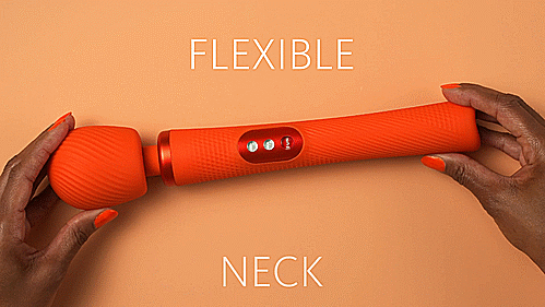 A person holds the Fun Factory VIM at both ends of the vibrator with one hand on the head and the other on the base of the handle. They try to bend the two both ways, trying to bend the VIM into a U-like shape. The head of the toy moves along with the movement, offering a lot of flexibility. The text on the GIF reads "Flexible Neck" | Kinkly Shop