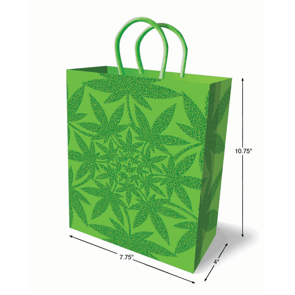 The Glitter Ganja Gift Bag with measurements superimposed over top of a photo of the bag. | Kinkly Shop