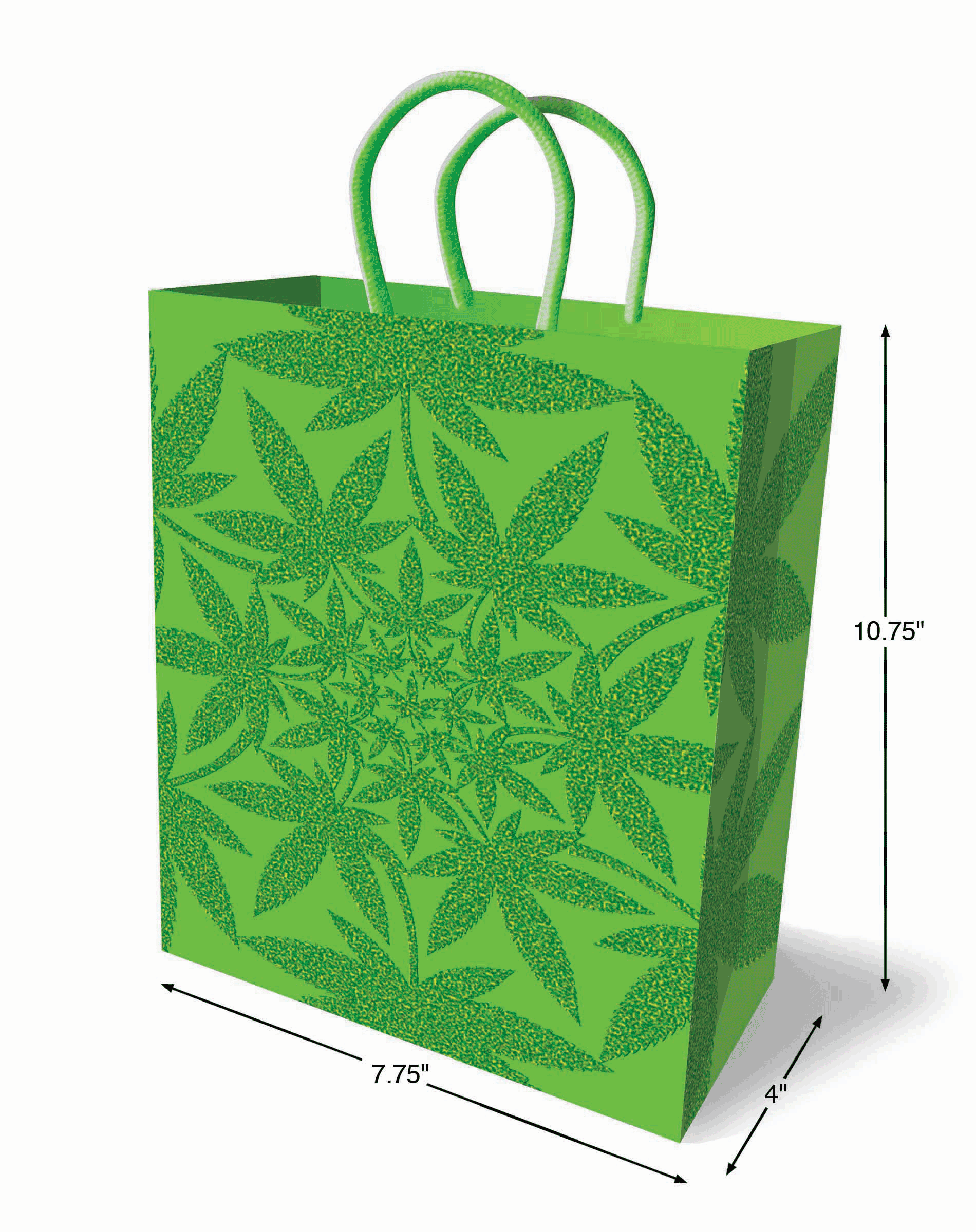 The Glitter Ganja Gift Bag with measurements superimposed over top of a photo of the bag. | Kinkly Shop