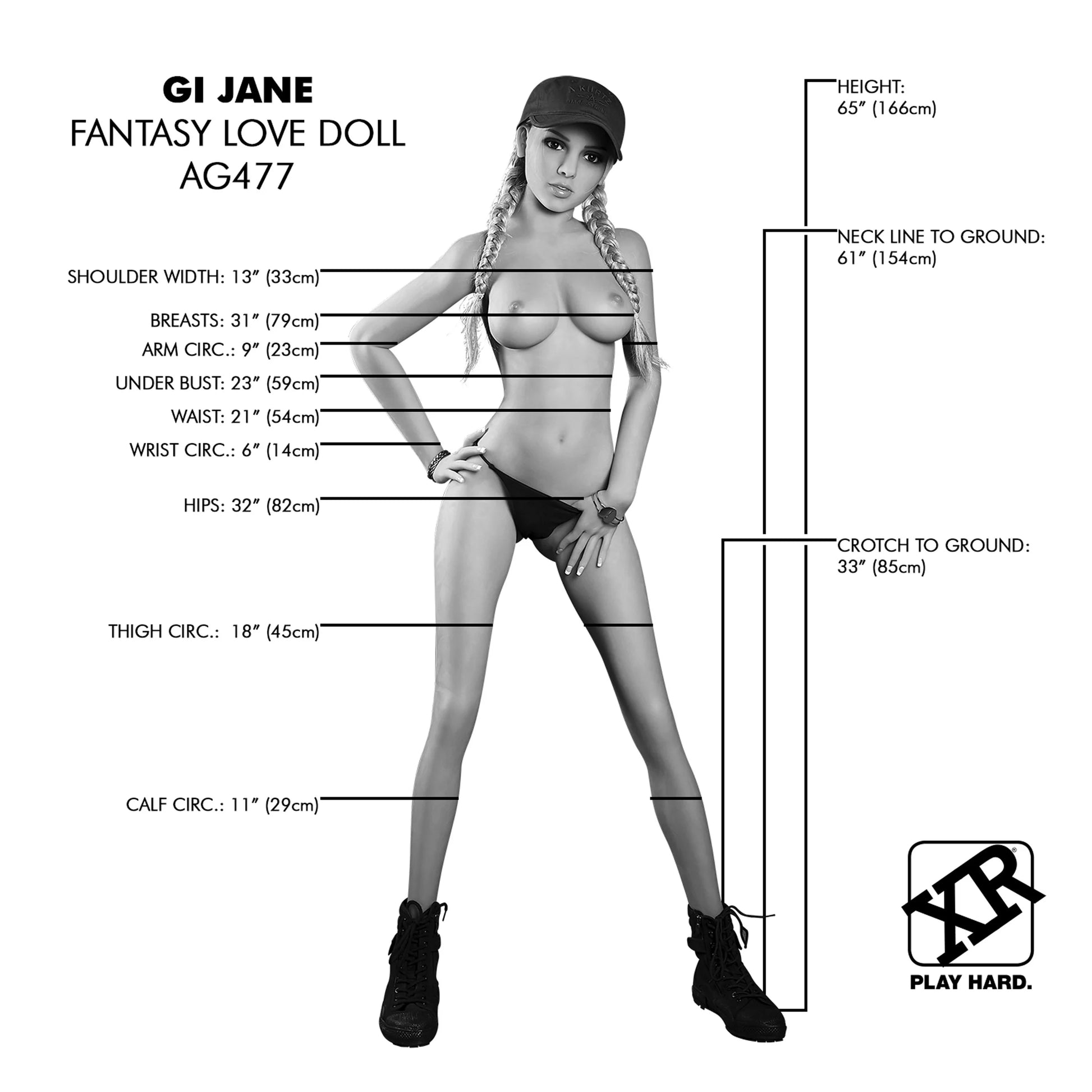A black and white image of GI Jane Fantasy Love Doll. All of the measurements for the doll are superimposed over the black and white version. All measurements are listed within the product description text. | Kinkly Shop