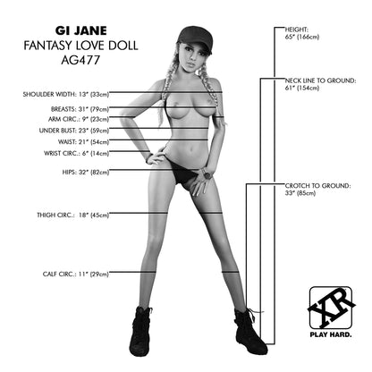 A black and white image of GI Jane Fantasy Love Doll. All of the measurements for the doll are superimposed over the black and white version. All measurements are listed within the product description text. | Kinkly Shop