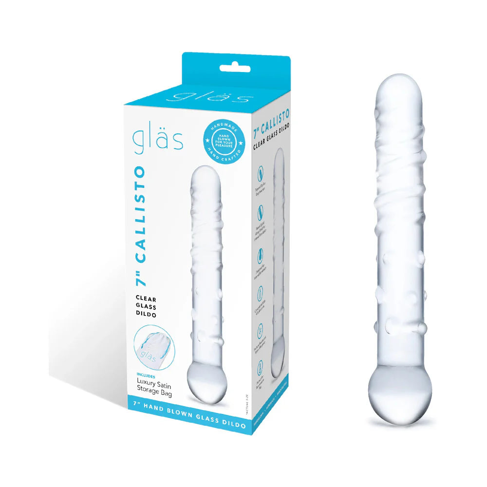 Packaging for the Glas Callisto dildo. The Glas Callisto dildo is shown next to the packaging. | Kinkly Shop