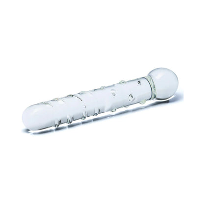 The Glas Callisto dildo lays sideways, showcasing the noduled shaft alongside the swirling ribs along the shaft. | Kinkly Shop