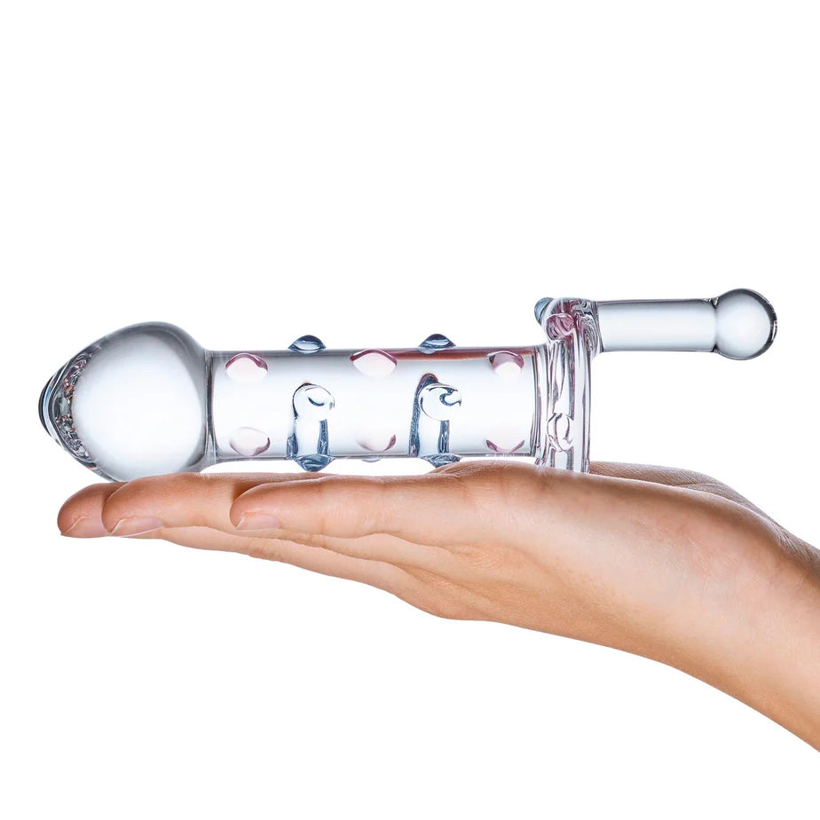 The Glas Candy Land Juicer lays out flat. The handle protrudes from the flared base of the butt plug. | Kinkly Shop