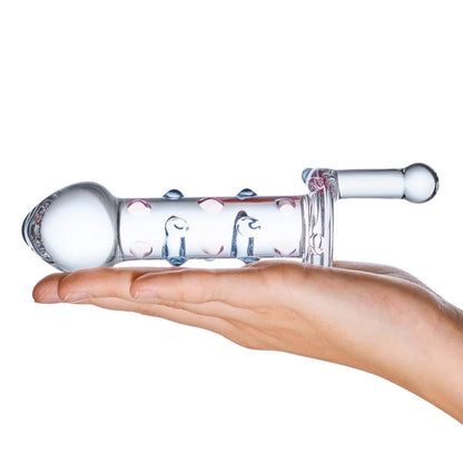The Glas Candy Land Juicer lays out flat. The handle protrudes from the flared base of the butt plug. | Kinkly Shop