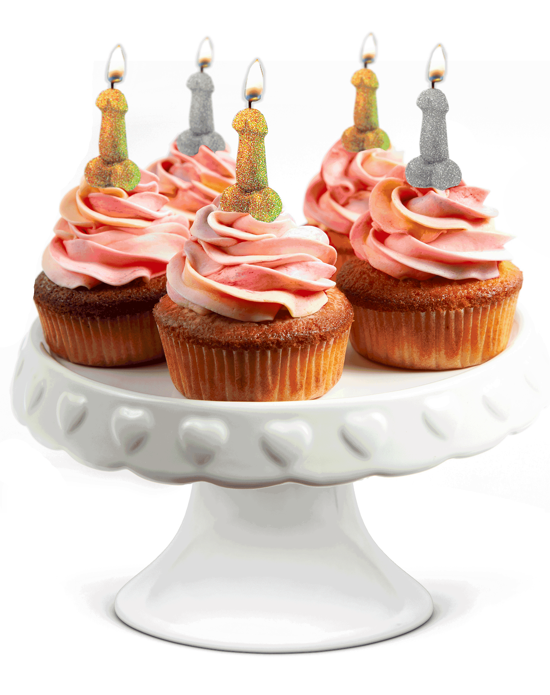 Five cupcakes with frosting on top of them. Each cupcake has a Glitterati Penis Party Candle on top of it. | Kinkly Shop