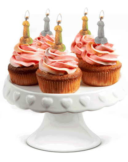 Five cupcakes with frosting on top of them. Each cupcake has a Glitterati Penis Party Candle on top of it. | Kinkly Shop