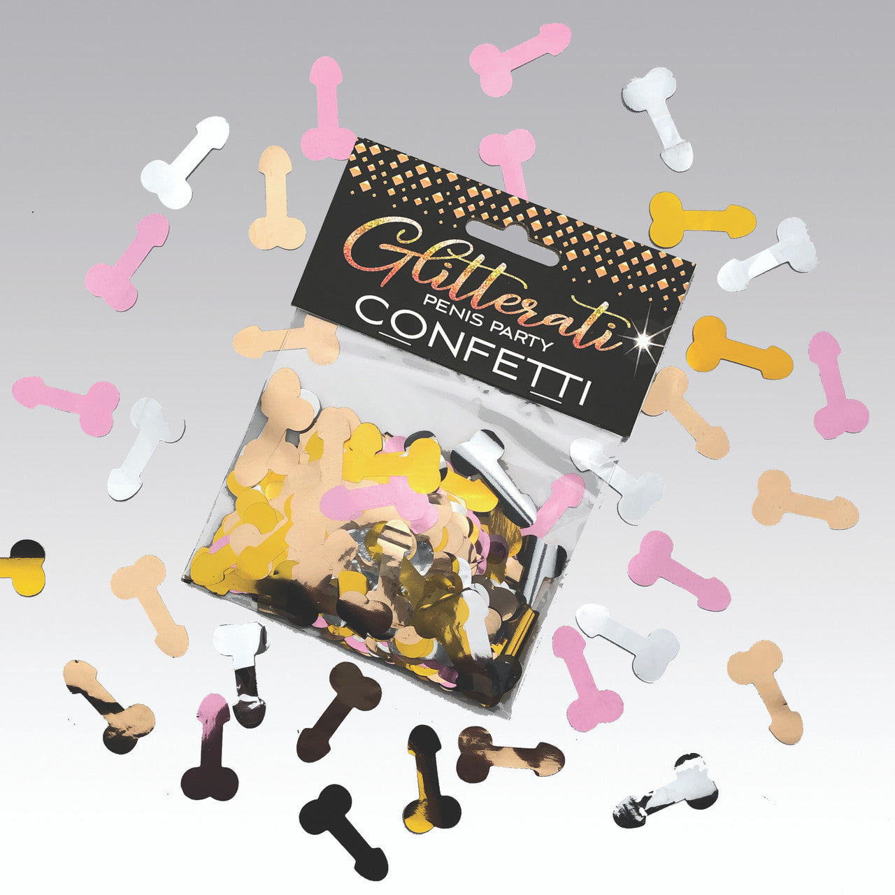 The packaging for the Glitterati Penis Party Confetti with the confetti spread out around the bag. | Kinkly Shop