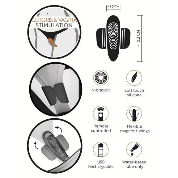 Text-heavy image describing the GoGasm Panty Vibrator. Text reads: Clitoris and vagina stimulation. Vibration. Soft touch silicone. Remote controlled. Flexible magnetic wings. USB rehargeable. Water-based lube only. | Kinkly Shop