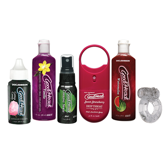 Everything included in the Goodhead Sensations Kit. There are six items lined up, side-by-side, showcasing all the items that come in the kit. | Kinkly Shop