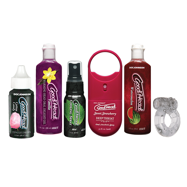 Everything included in the Goodhead Sensations Kit. There are six items lined up, side-by-side, showcasing all the items that come in the kit. | Kinkly Shop