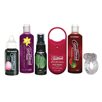 Everything included in the Goodhead Sensations Kit. There are six items lined up, side-by-side, showcasing all the items that come in the kit. | Kinkly Shop
