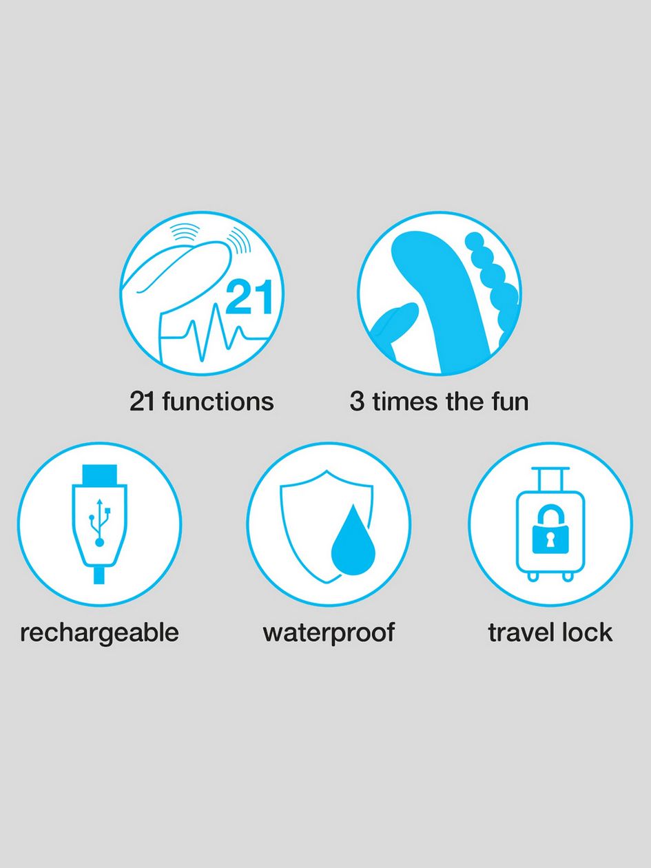 A collage shows a collection of illustrated features that showcase functions of the Happy Rabbit Triple Curve. Text reads: "21 functions, 3 times the fun, rechargeable, waterproof, travel lock" | Kinkly Shop