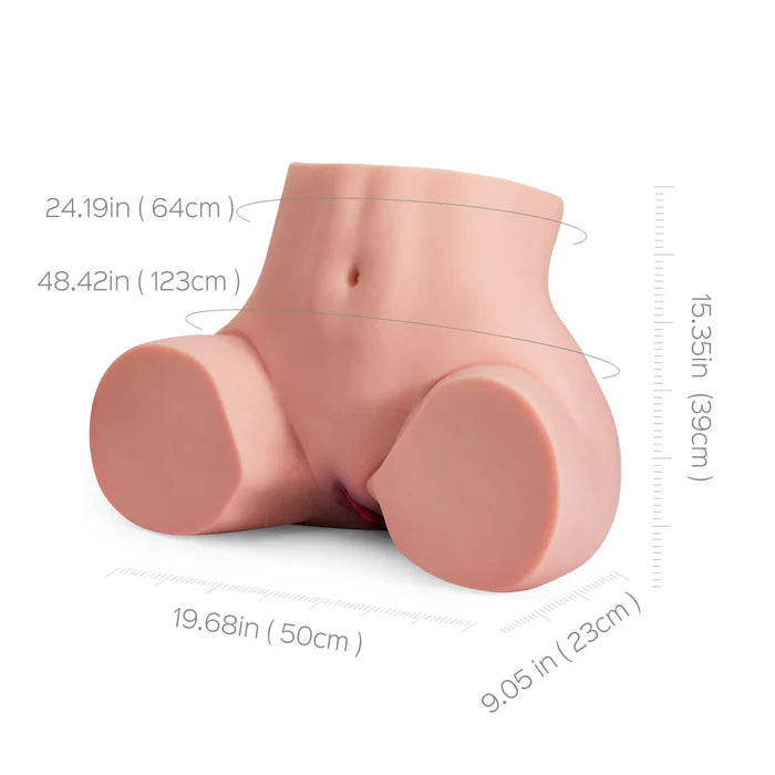 The Ruby Big Ass Sex Doll Torso in front of a plain white background with measurements written all over the image. | Kinkly Shop