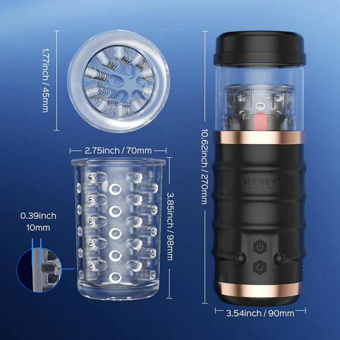 The Honey Play Box Automatic Warrior with measurements superimposed overtop of the different pieces. All measurements are within the text description. | Kinkly Shop