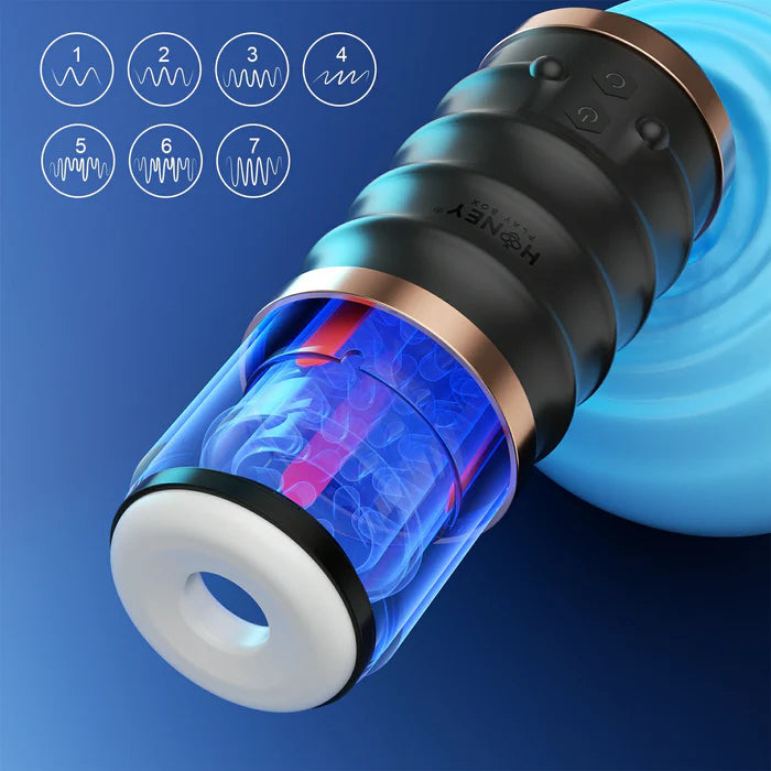 The Honey Play Box Automatic Warrior shown with the transparent tip near the camera. The toy has 7 pleasure modes. | Kinkly