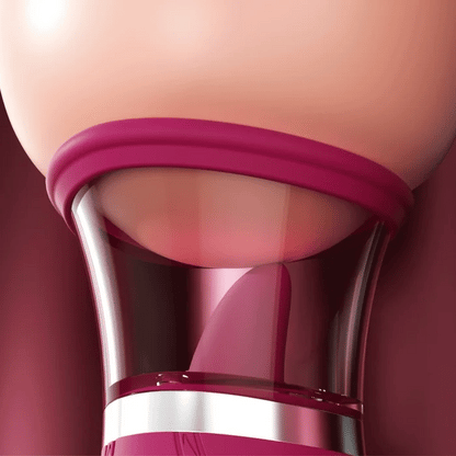 GIF shows the Scioness pressed up against a breast. The air suction cup has gently pulled the areola skin into the cup while the flicking tongue pleasures the nipple. | Kinkly Shop