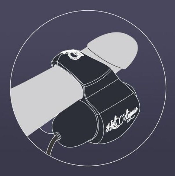 Illustration shows an erection with the Hot Octopuss Jett worn around it. The ring of the Jett holds two large bullet vibrators onto the shaft of the penis, right on the frenulum. The cords of the bullet vibrators lead off the frame. | Kinkly Shop
