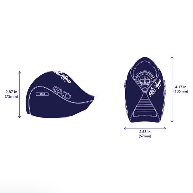 Illustrations of the Hot Octopuss Pulse Solo Interactive vibrator with measurements of the Hot Octopuss Pulse Solo Interactive shown superimposed over the illustrations. All measurements can be found within the product text description. | Kinkly Shop