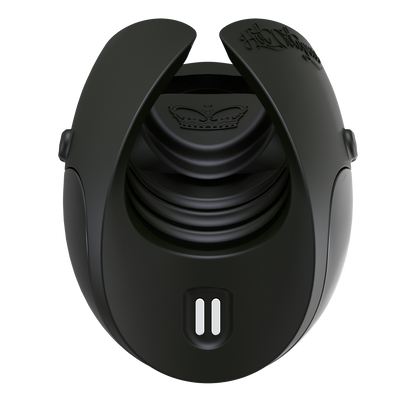 Close-up of the charging port on the top-side of the vibrator and the ribbing along the inside of the Hot Octopuss Pulse Solo Interactive. The circular Pulse Plate is also visible from this angle, inside of the ribbed interior. | Kinkly Shop
