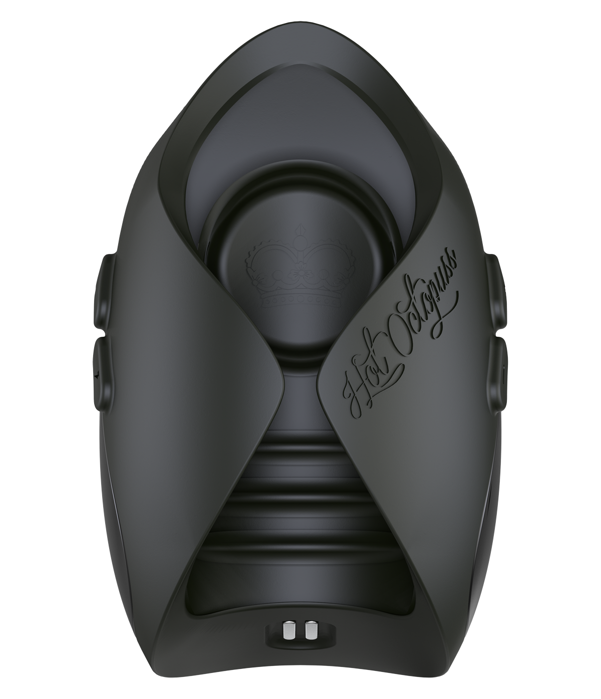 Top-down view of the Hot Octopuss Pulse Solo Interactive vibrator. There's the Pulse Plate at the top third of the vibrator's interior with ribbing all underneath the Pulse Plate. | kinkly Shop