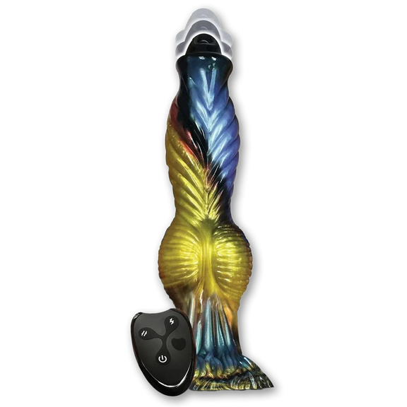 The Alien Nation Thrusting Phoenix in front of a plain white background. Its remote control is leaned up against the dildo. | Kinkly Shop