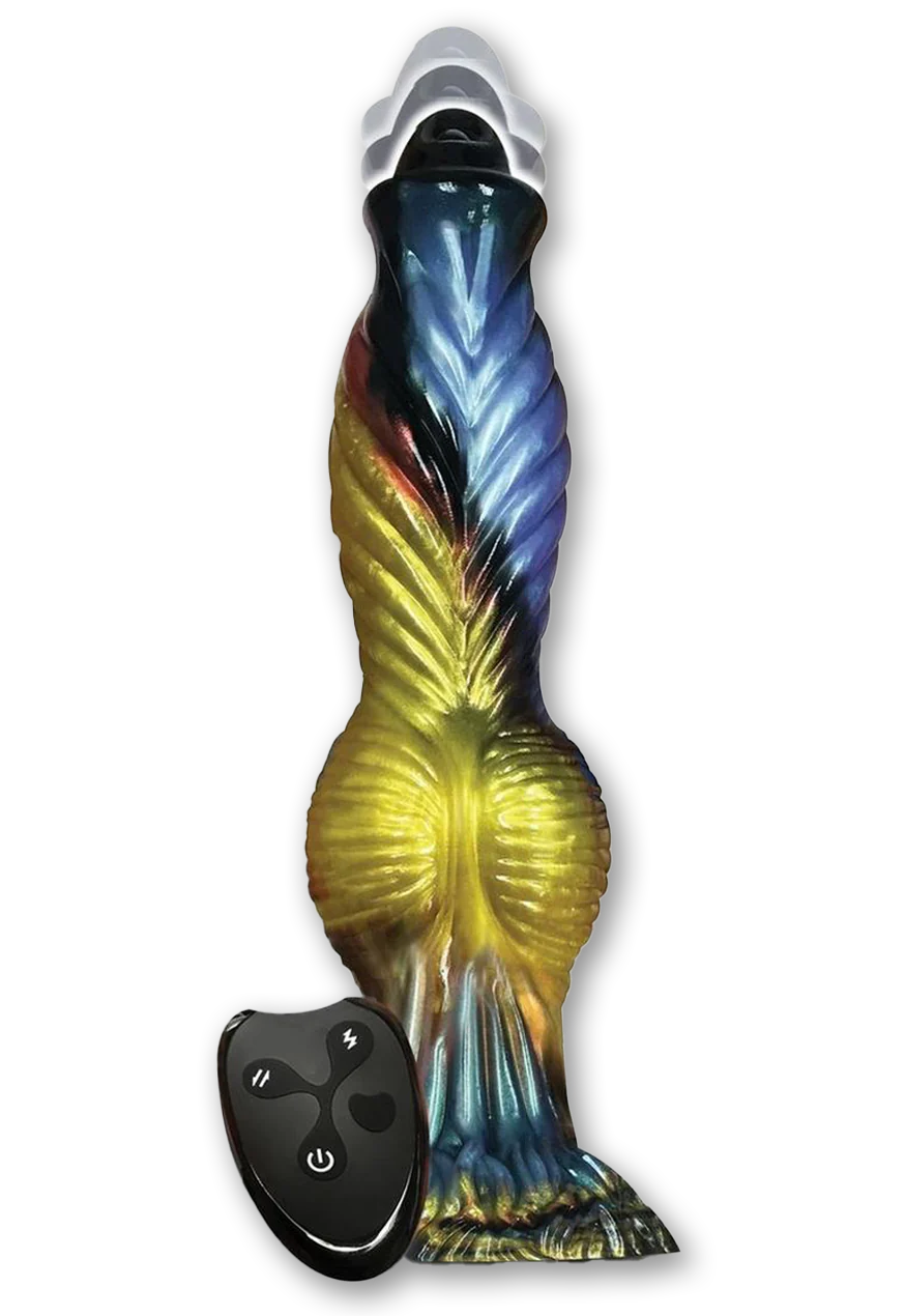 The Alien Nation Thrusting Phoenix in front of a plain white background. Its remote control is leaned up against the dildo. | Kinkly Shop