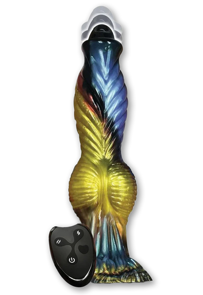 The Alien Nation Thrusting Phoenix in front of a plain white background. Its remote control is leaned up against the dildo. | Kinkly Shop