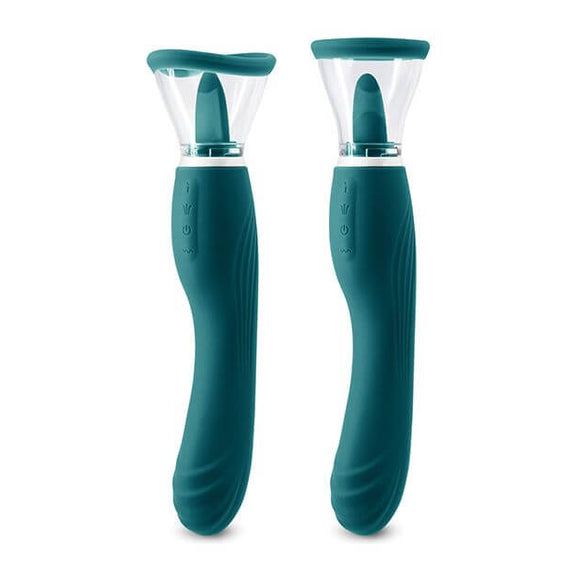 Two copies of the Inya Triple Delight in Dark Teal shown next to one another, each wearing one of the two included acrylic pussy pump caps. | Kinkly Shop