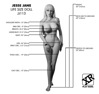 The Jesse Jane Life Size Replica shown in black and white. A ton of measurements are printed overtop of the doll's naked form. All measurements are included within the text product description. | Kinkly Shop