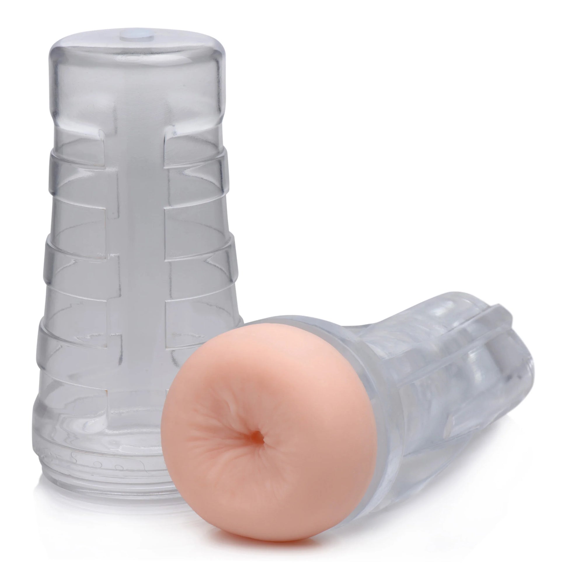 The Jesse Jane Deluxe Signature Ass Stroker plastic case shown next to the TPE insert that goes inside the case. This insert goes into the case for easy one-handed holding. | Kinkly Shop
