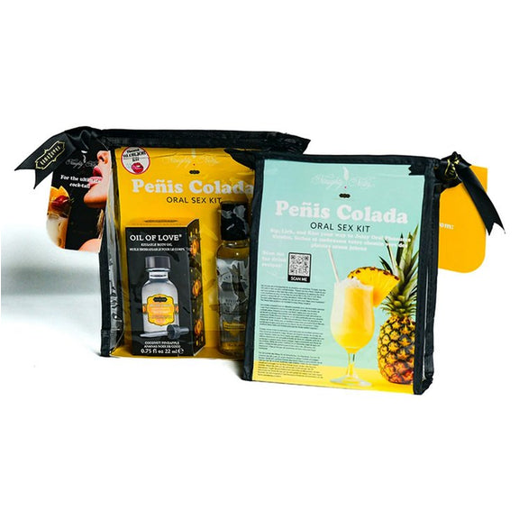 Two Kama Sutra Cocktail Kits sitting next to one another. One is facing the camera and the other is facing away from the camera, showcasing the back of the pouch that the Kama Sutra Cocktail Kit comes in. | Kinkly Shop