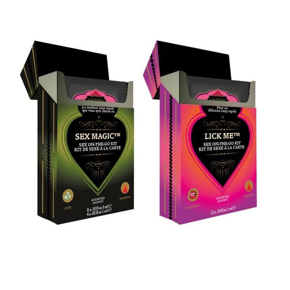 Kama Sutra Set-To-Go Kits. Both varieties of the Sex-to-Go kits displayed sitting next to one another with their lids open. | Kinkly Shop