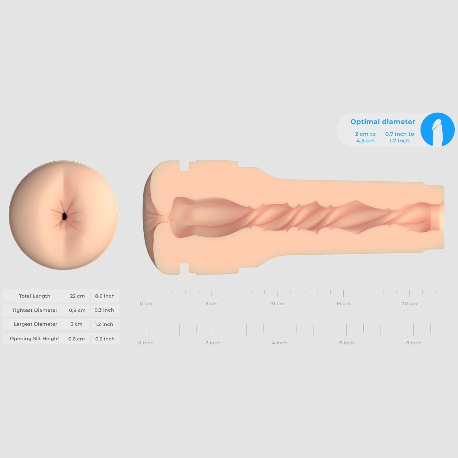 Cross-section shown next to the measurements for the KIIROO Feel Stroker Butt. All measurements are included within the product description text. | Kinkly Shop