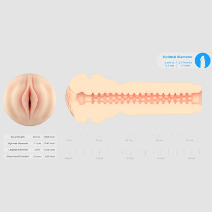 Diagram for the Kiiroo Feel Vulva Stroker showcases all of the measurements of the stroker as well as a cross-section of the internal texture of the stroker. All measurements are included within the product text description itself. | Kinkly Shop