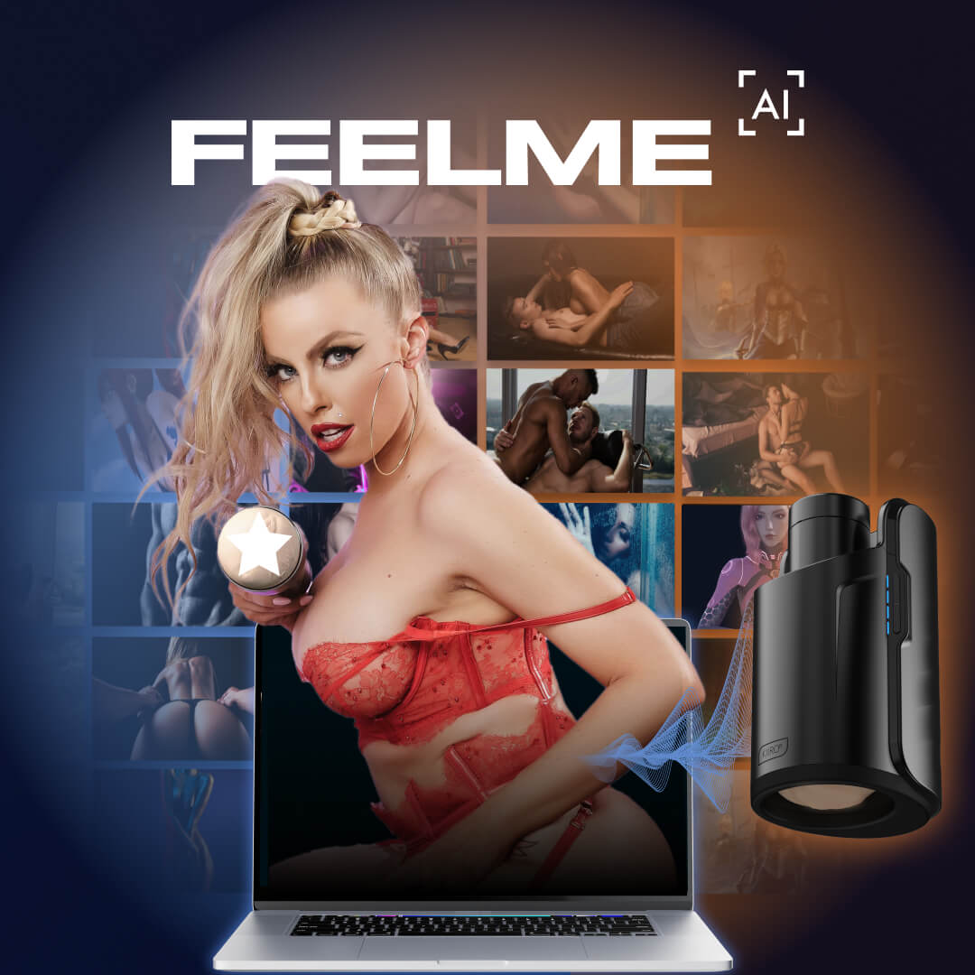 An image of Britney in red lingerie shown coming out from the laptop screen with porn images shown in the background. The KIIROO KEON is nearby with the FeelStars FeelBritney Stroker inside. | KInkly Shop