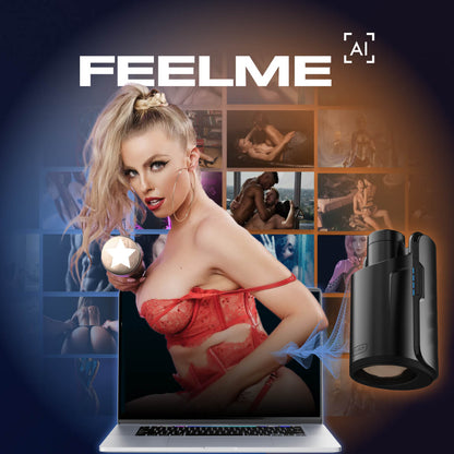 An image of Britney in red lingerie shown coming out from the laptop screen with porn images shown in the background. The KIIROO KEON is nearby with the FeelStars FeelBritney Stroker inside. | KInkly Shop