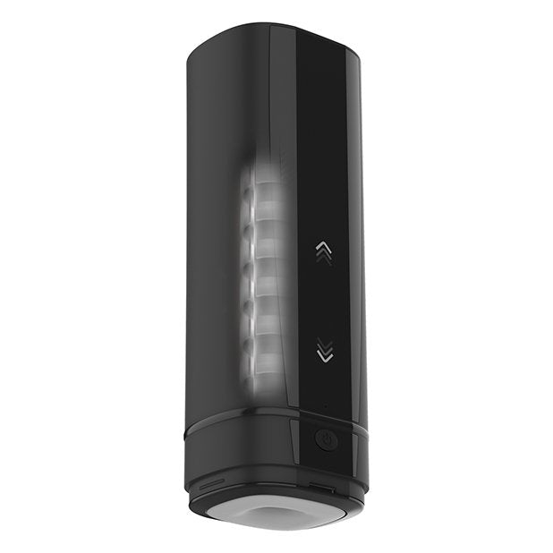 The KIIROO Onyx+ in front of a white background with a see-through illustration that showcases the rings inside of the Onyx+. This pretend panel shows a window into the toy itself to showcase how the rings wrap around the shaft once it's inserted to easily squeeze in tandem for stimulated stroking. | Kinkly Shop