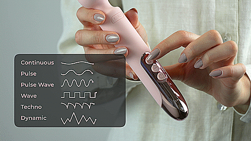 GIF shows a person pressing one of the 3 buttons on the KIIROO ProWand, controlling the vibrations of the wand. A visual guide showcases how the vibration patterns feel visually. | Kinkly Shop